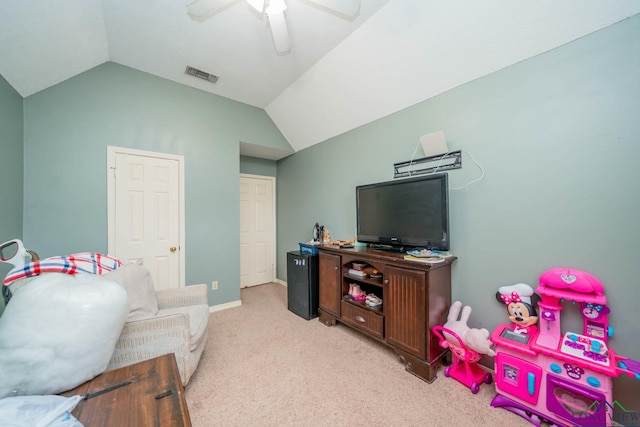 202 Mill Run Dr, Longview, TX 75604 - rec room featuring lofted ceiling, light carpet, and ceiling fan