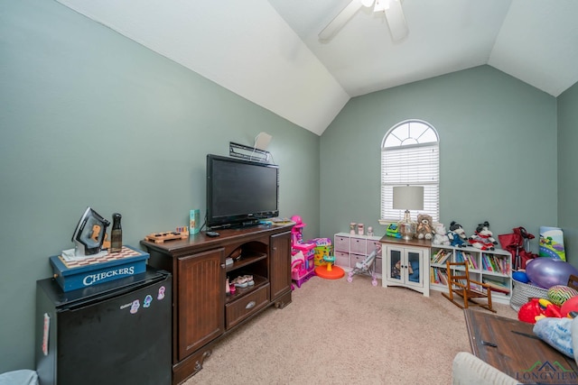 202 Mill Run Dr, Longview, TX 75604 - rec room featuring light carpet, vaulted ceiling, and a ceiling fan