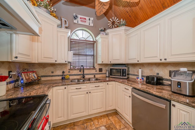 202 Mill Run Dr, Longview, TX 75604 - kitchen featuring stainless steel appliances, backsplash, wooden ceiling, light stone finish flooring, and dark stone countertops