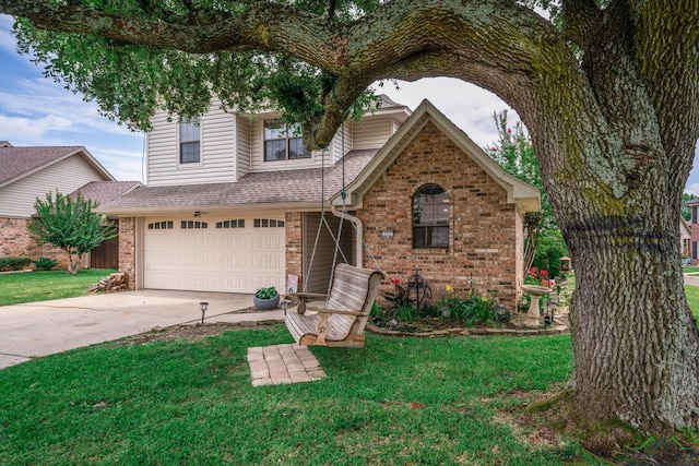 202 Mill Run Dr, Longview, TX 75604 - view of front of house with brick siding, a garage, a front lawn, concrete driveway, and a shingled roof