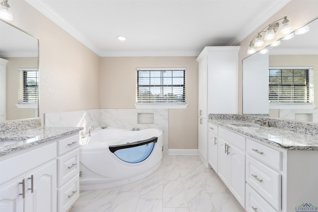 bathroom featuring a washtub, ornamental molding, vanity, and a healthy amount of sunlight