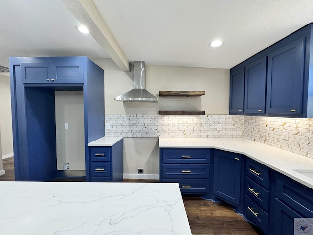 kitchen featuring dark wood-style floors, wall chimney exhaust hood, open shelves, and backsplash