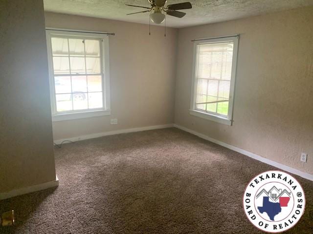 3812 Elizabeth St, Texarkana, TX 75501 - empty room featuring a ceiling fan, carpet, baseboards, and a textured ceiling