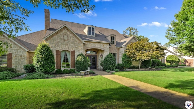 6804 Springwood Cir, Texarkana, TX 75503 - french country style house with stone siding, a chimney, and a front lawn