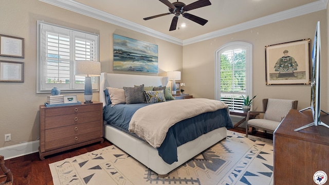 6804 Springwood Cir, Texarkana, TX 75503 - bedroom featuring wood finished floors, ornamental molding, recessed lighting, and a ceiling fan