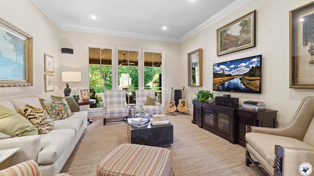 6804 Springwood Cir, Texarkana, TX 75503 - living area with ornamental molding, carpet floors, and recessed lighting