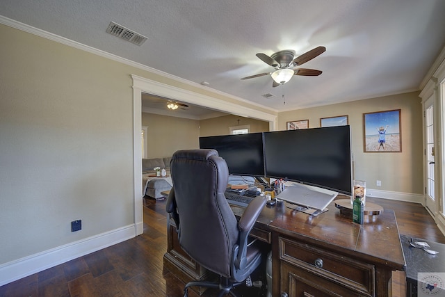 home office featuring crown molding, dark wood-type flooring, a textured ceiling, and ceiling fan