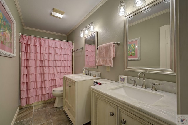 bathroom featuring walk in shower, vanity, crown molding, and toilet