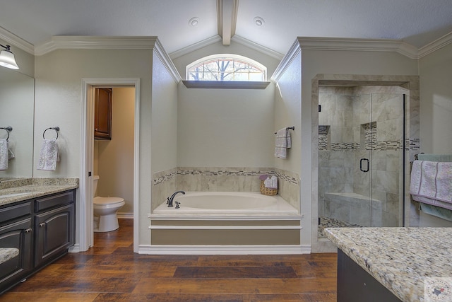 full bathroom with separate shower and tub, hardwood / wood-style flooring, lofted ceiling with beams, toilet, and vanity