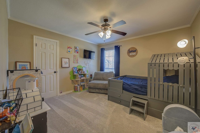 bedroom with ceiling fan, light colored carpet, and crown molding