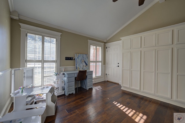 home office featuring ceiling fan, dark wood-type flooring, ornamental molding, and vaulted ceiling