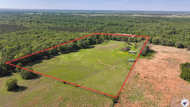 birds eye view of property with a view of trees and a rural view