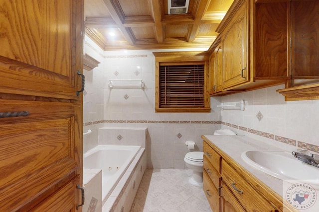 bathroom with crown molding, tile walls, beam ceiling, toilet, and coffered ceiling