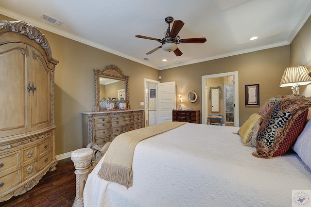 bedroom featuring baseboards, visible vents, ceiling fan, ornamental molding, and dark wood-style flooring