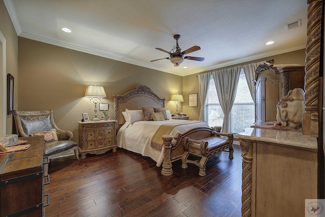 bedroom with a ceiling fan, crown molding, visible vents, and dark wood-style flooring