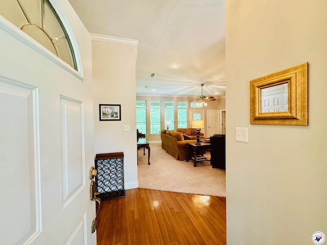 entryway with recessed lighting, a ceiling fan, visible vents, baseboards, and wood finished floors