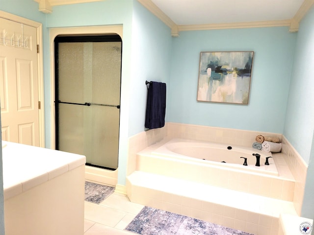 30 Hickory Oak Ln, Texarkana, TX 75501 - full bathroom with tile patterned floors, a whirlpool tub, ornamental molding, and a stall shower