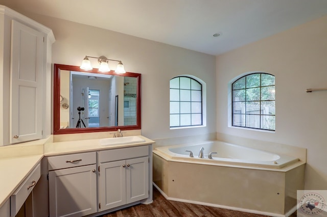 bathroom featuring hardwood / wood-style flooring, plus walk in shower, and vanity