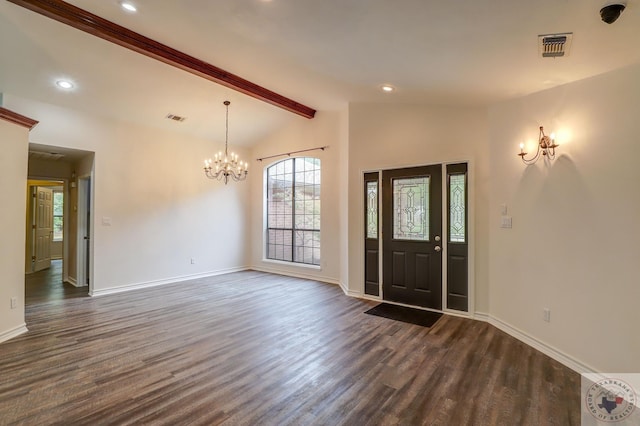 entryway with dark wood-type flooring, a chandelier, and vaulted ceiling with beams