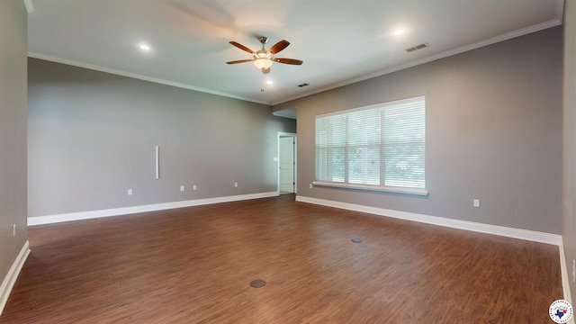 6908 Woodmere Ct, Texarkana, TX 75503 - empty room featuring a ceiling fan, dark wood-type flooring, ornamental molding, and recessed lighting