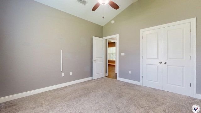 6908 Woodmere Ct, Texarkana, TX 75503 - unfurnished bedroom with carpet floors, a closet, ceiling fan, and high vaulted ceiling