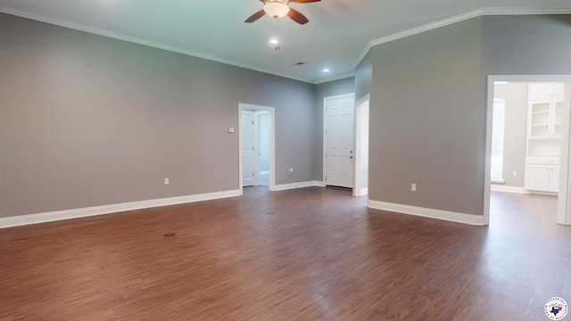 6908 Woodmere Ct, Texarkana, TX 75503 - spare room featuring a ceiling fan, dark wood finished floors, ornamental molding, and recessed lighting