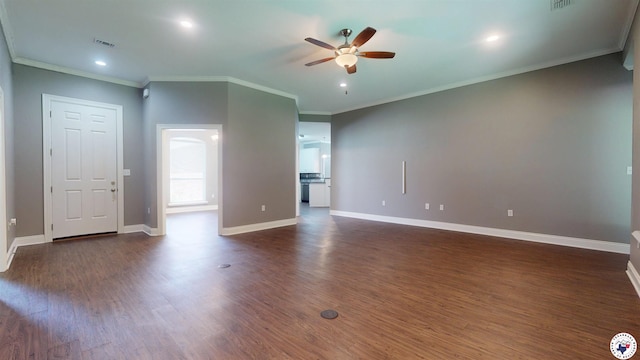 6908 Woodmere Ct, Texarkana, TX 75503 - unfurnished living room featuring ceiling fan, dark wood-style flooring, ornamental molding, and recessed lighting