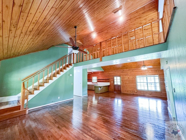 unfurnished living room with high vaulted ceiling, wooden ceiling, hardwood / wood-style floors, and ceiling fan