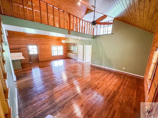 unfurnished living room featuring wooden ceiling, hardwood / wood-style flooring, high vaulted ceiling, and ceiling fan