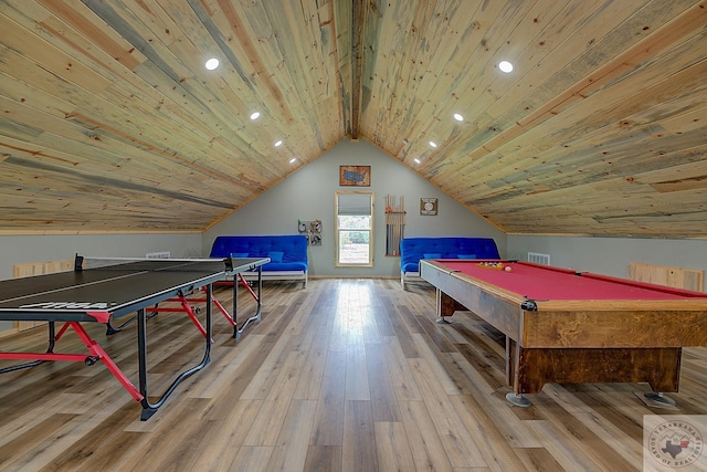 playroom featuring billiards, vaulted ceiling with beams, light hardwood / wood-style flooring, and wooden ceiling