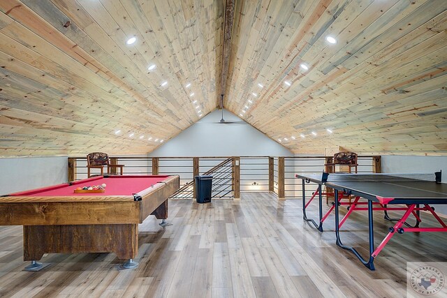 recreation room with hardwood / wood-style flooring, vaulted ceiling with beams, billiards, and wood ceiling