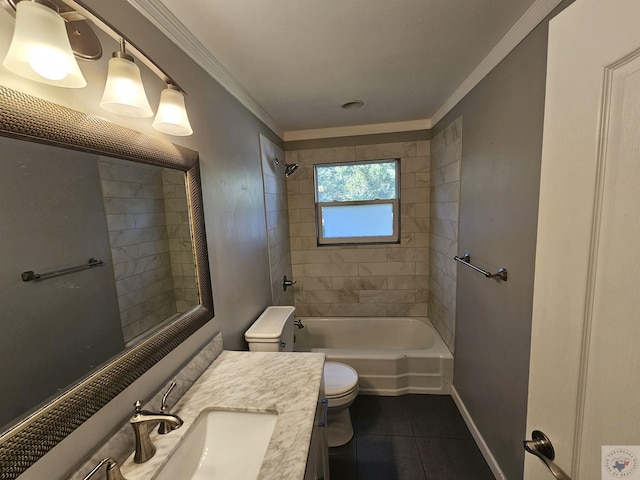 full bathroom with toilet, vanity, crown molding, and tiled shower / bath