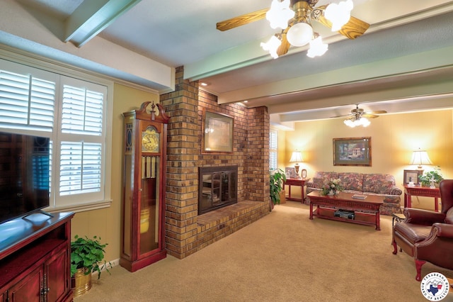 21 Holly Ridge Dr, Texarkana, TX 75503 - living room featuring beam ceiling, light carpet, a brick fireplace, and ceiling fan