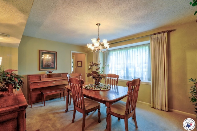 21 Holly Ridge Dr, Texarkana, TX 75503 - dining space featuring light carpet, a chandelier, and a textured ceiling