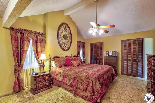 21 Holly Ridge Dr, Texarkana, TX 75503 - carpeted bedroom with two closets, a ceiling fan, and a textured ceiling