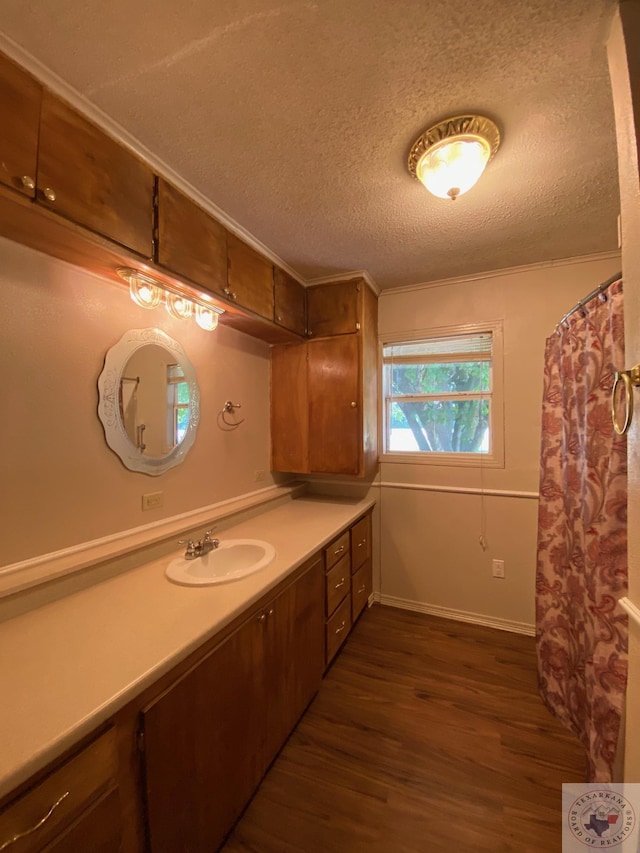 bathroom with vanity, hardwood / wood-style floors, and a textured ceiling