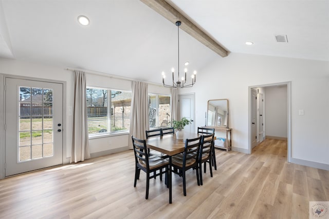 dining area with vaulted ceiling with beams, an inviting chandelier, visible vents, and light wood-style floors