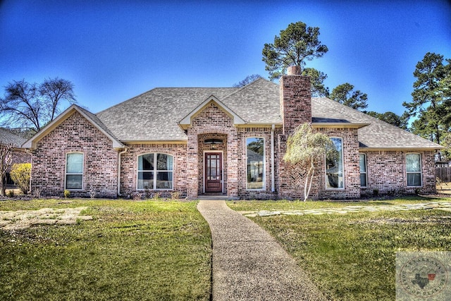 view of front facade featuring brick siding, a chimney, a front lawn, and roof with shingles