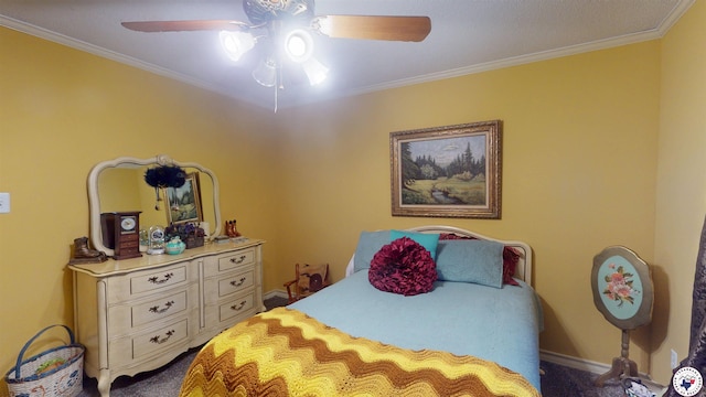 122 David Dr, New Boston, TX 75570 - bedroom featuring carpet floors, ornamental molding, and ceiling fan