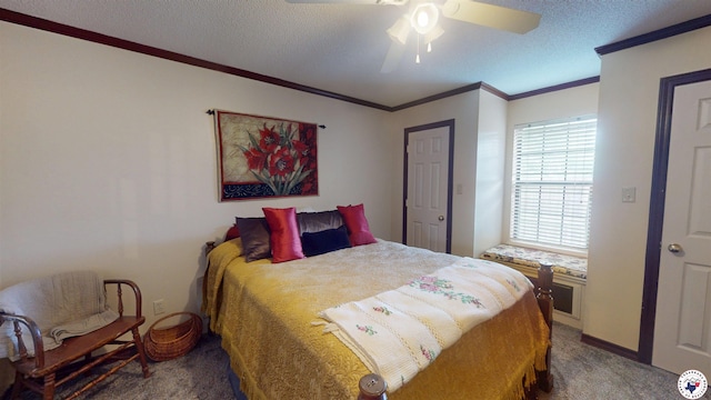 122 David Dr, New Boston, TX 75570 - bedroom with carpet floors, a textured ceiling, crown molding, ceiling fan, and baseboards