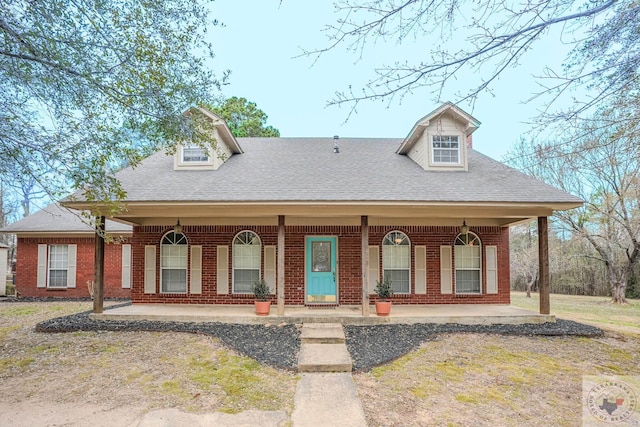 view of front facade with brick siding, covered porch, and a shingled roof