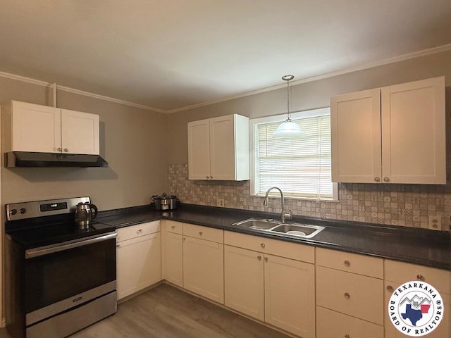184 E Elliott Ln, Dekalb, TX 75559 - kitchen with stainless steel electric stove, a sink, under cabinet range hood, dark countertops, and tasteful backsplash
