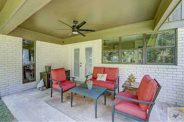 view of patio with ceiling fan and an outdoor hangout area