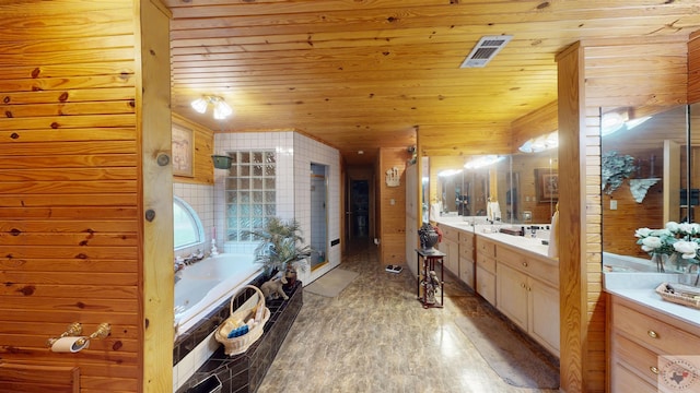 320 Riverside Dr, Horatio, AR 71842 - bathroom featuring wooden ceiling, a tub to relax in, vanity, and wooden walls
