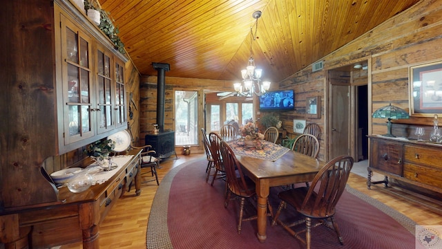 320 Riverside Dr, Horatio, AR 71842 - dining space featuring a wood stove, hardwood / wood-style floors, wooden walls, a chandelier, and lofted ceiling