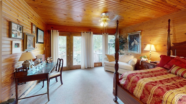 320 Riverside Dr, Horatio, AR 71842 - carpeted bedroom with ceiling fan, french doors, wood ceiling, access to exterior, and wooden walls