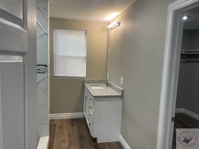 bathroom with hardwood / wood-style flooring and vanity