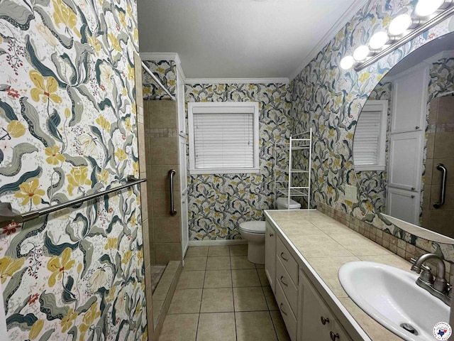 3123 Hickory St, Texarkana, AR 71854 - bathroom with wallpapered walls, ornamental molding, vanity, a stall shower, and tile patterned floors