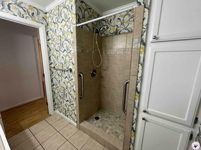 3123 Hickory St, Texarkana, AR 71854 - full bathroom with crown molding, a shower stall, and tile patterned flooring