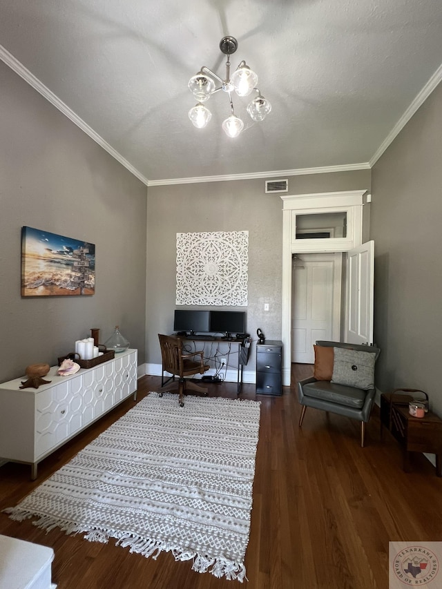 bedroom with an inviting chandelier, dark hardwood / wood-style flooring, and crown molding